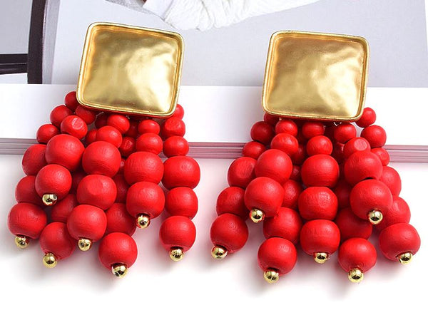 Wooden Bead Drop Earrings-Red