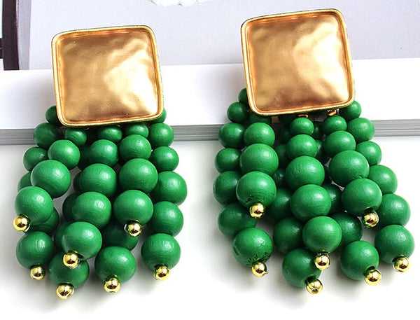 Wooden Bead Drop Earrings-Green