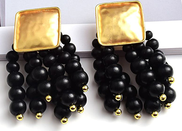 Wooden Bead Drop Earrings-Black